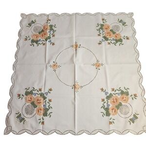 Vintage Square Floral Embroidered Tablecloth White Scalloped Cutwork Lace 34x34